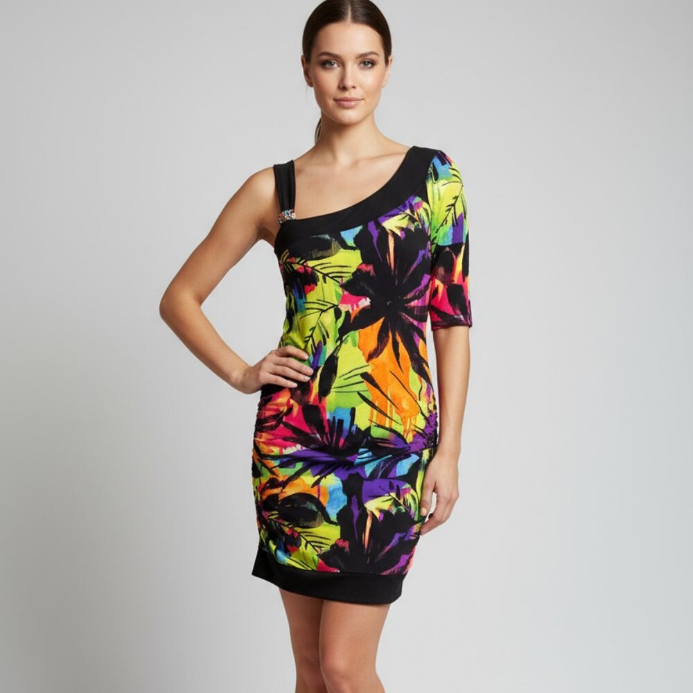 JOSEPH RIBKOFF Off Shoulder Mini Dress in Tropical Print & Faux Stone Accent 8